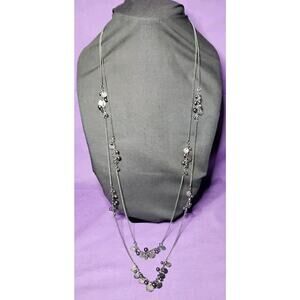 Long 2 Layer Necklace In Gunmetal Tone With Dangling Beads & Textured Discs